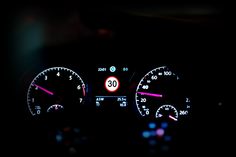 Dashboard van een auto waarop het herkende verkeersbord van 30 kilometer per uur wordt getoond