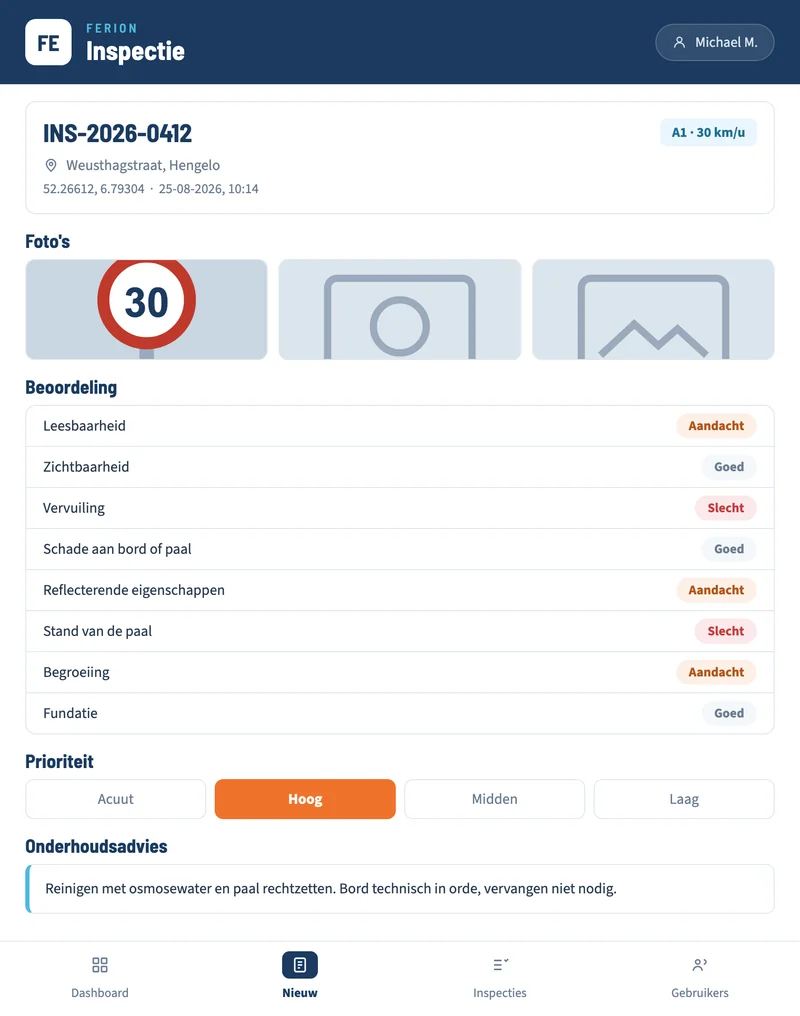Voorbeeldweergave van de inspectieregistratie met inspectienummer, GPS-locatie, foto&rsquo;s, de beoordeling op negen punten, de prioriteit en het onderhoudsadvies