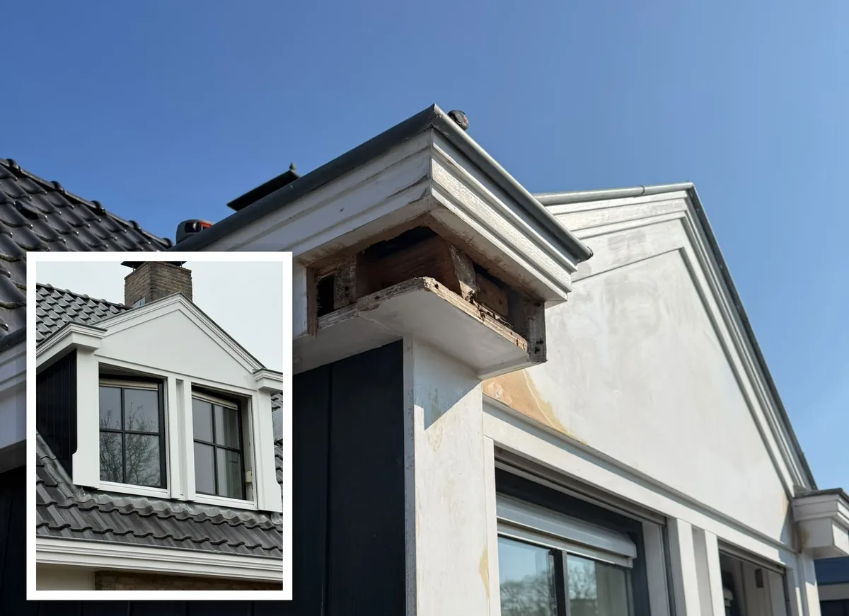 Dakkapel waarvan het boeideel is opengelegd voor herstel, met daarnaast het afgewerkte resultaat