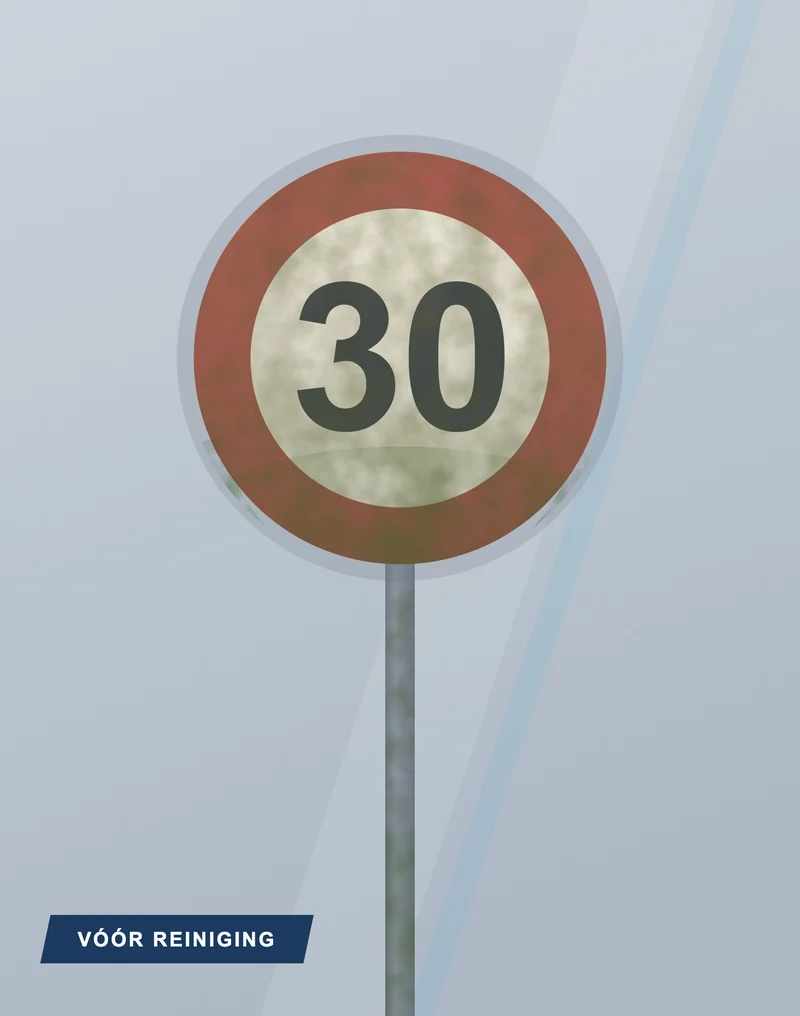 Illustratie van een 30-bord voor reiniging: dof geworden rood en een groenige aanslag over het bordvlak